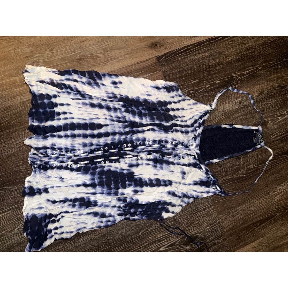 Lucky Brand Blue White Tie Dye Crochet Racerback Halter Top Womens‎ Large